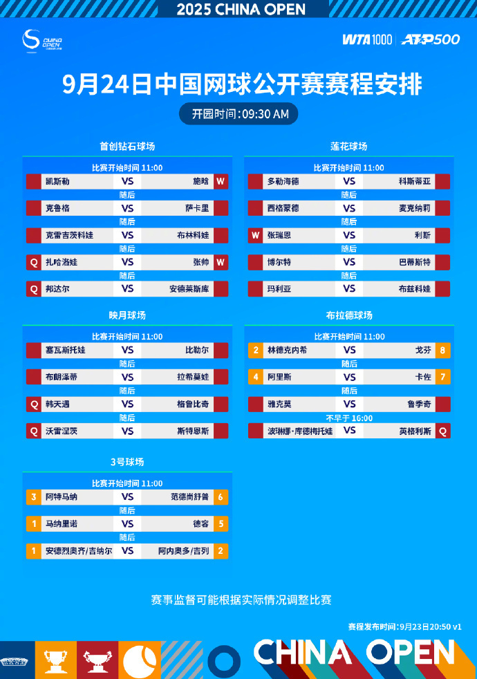 2025中网首日赛程公布 郑钦